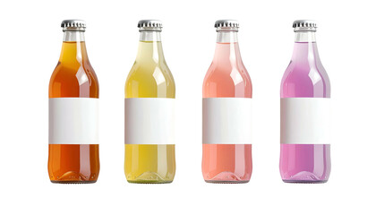 Four glass bottles filled with colorful beverages, each with a blank white label (1)