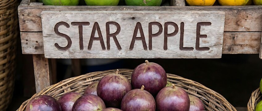 Basket of Fresh Purple Star Apples at Market Stall