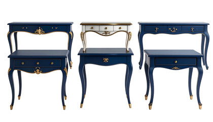 Three ornate, vintage-style side tables, two dark blue and gold, one white and gold