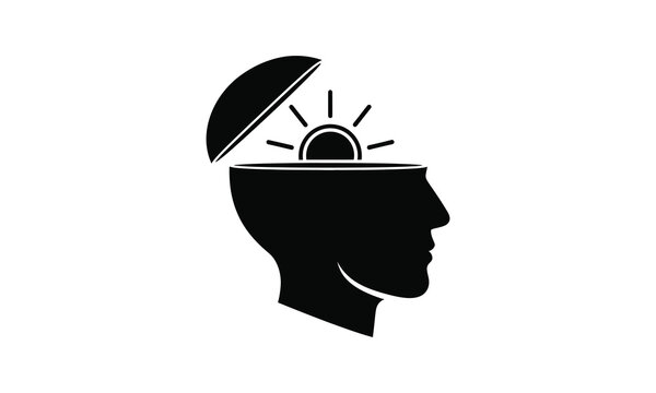 Silhouette of open head with rising sun symbolizing new ideas
