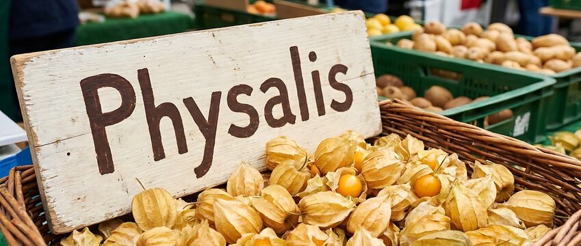 Fresh Physalis Berries in Wicker Basket at Market