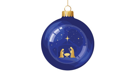 A shiny blue Christmas bauble, featuring a reflective surface and a stylized golden silhouette of the nativity scene with a bright star, is suspended by a golden string on a white background.