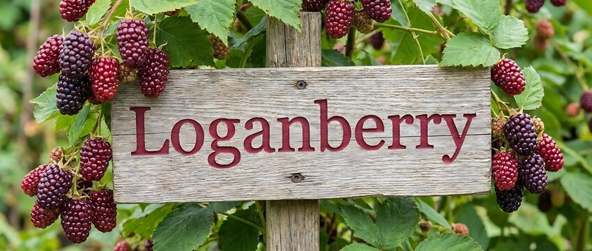 Loganberries growing around a rustic wooden garden sign