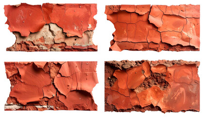 Four rectangular blocks with weathered, cracked, peeling, red paint, revealing the structure underneath