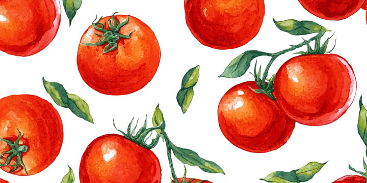 Watercolor tomato pattern with Mediterranean vibes. Fresh illustration of ripe tomatoes perfect for Italian kitchen art, summer food posters, or Amalfi-inspired designs. Vector illustration.