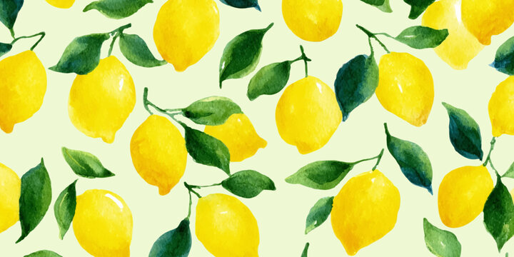 Summer lemon seamless pattern in watercolor style. Italian citrus fruits with Mediterranean blue tiles, vintage florals, and botanical leaves for kitchen design. Vector illustration.