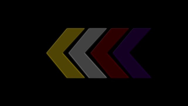 Left arrows animation with reflection in four colour. Arrows moving from red to green to the right- Loop able abstract colourful arrow loading animation background.