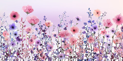 Spring wildflower frame with pastel blooms and leaves. Vintage floral border ideal for wedding stationery, summer greeting cards, or romantic botanical illustration projects. © Narin