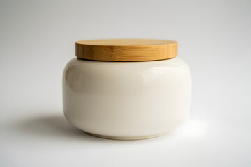 Minimalist ceramic jar, wooden lid, porcelain container, kitchen storage, home decor, blank mockup, cream canister, pottery, eco-friendly, modern interior, spa candle, skincare cream, vanity, zen.