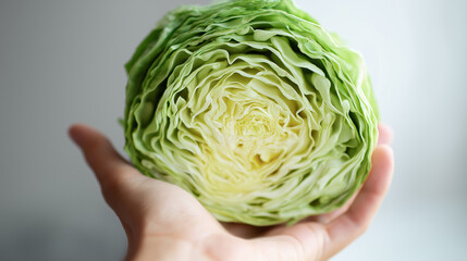 Obraz premium Hand holding a freshly cut green cabbage, showing intricate cross section layers and natural texture, representing healthy eating and organic produce