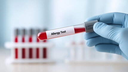 Fototapeta premium Hand in blue glove holding blood sample tube labeled allergy test, representing medical diagnostics, immunology research, and healthcare screening process in a laboratory setting, copy space