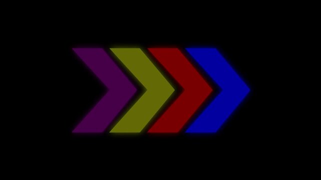 Right arrows animation with reflection in four colour. Arrows moving from red to green to the right- Loop able abstract colourful arrow loading animation background.