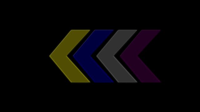 Left arrows animation with reflection in four colour. Arrows moving from red to green to the right- Loop able abstract colourful arrow loading animation background.