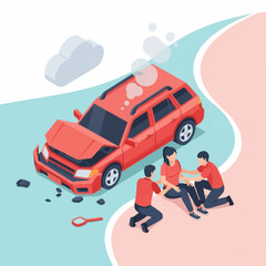 Car Accident on Winding Road with People Assisting Injured Person.