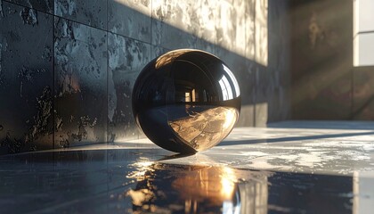 A shiny gold bola lies on a wet black matte floor with dramatic lighting.