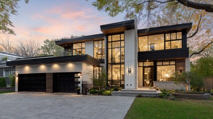 Modern Luxury Home Exterior at Dusk.