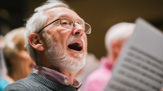 An elderly man with glasses singing passionately, holding a sheet of music in a group setting.
