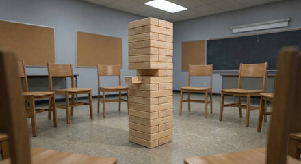 Fototapeta premium Wooden block tower in classroom circle of chairs