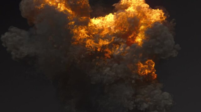 A powerful explosion of realistic fire and thick smoke against a black background. 3D visualization of a cinematic fireball with detailed flames and ash for visual effects and video editing