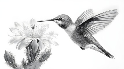 Obraz premium Hummingbird fine line drawing desert botanical scene picture
