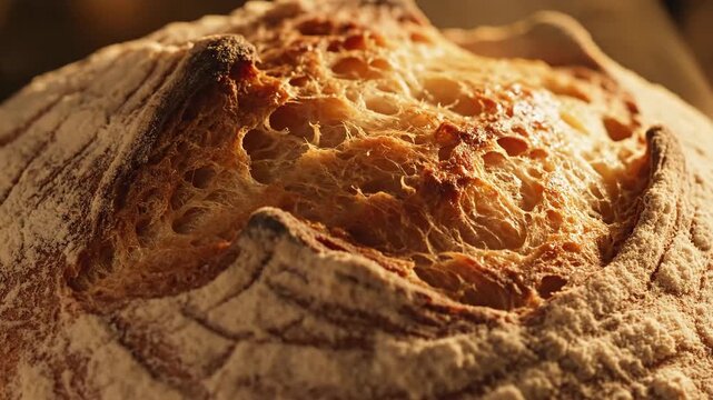 Close-up of a freshly baked artisan loaf of bread with a beautifully textured golden-brown crust showcasing delicate cracks and airy crumb structure.