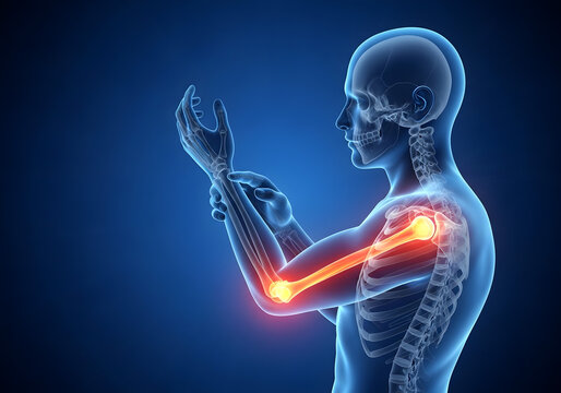 A human skeleton holding a phone with highlighted elbow pain in a blue environment