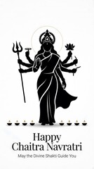 Naklejka premium Black silhouette goddess durga happy chaitra navratri greeting with diyas and trident
