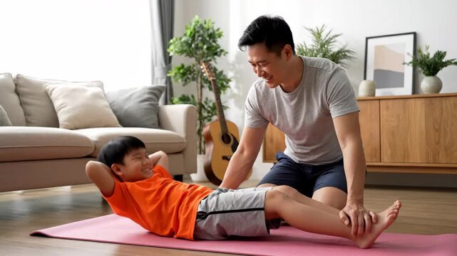 A father smiles while assisting his young son performing sit-ups on a pink yoga mat in a home setting. Natural light illuminates the scene.