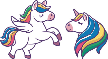 Cute magical unicorn character and pegasus head with colorful rainbow mane and wings set isolated on white background for kids design © AVIJIT