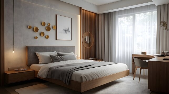 Modern bedroom design with desk and wall art, Elegant bedroom interior with neutral tones and wood.