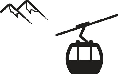 Mountain Cable Car Gondola Silhouette with Alpine Peaks Isolated on White Background, Winter Tourism and Ski Resort Concept © AVIJIT