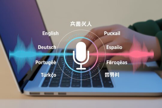 Artificial Intelligence Voice Recognition and Multilingual Translation Concept Featuring Microphone Icon and Sound Wave Visualization on Laptop Screen