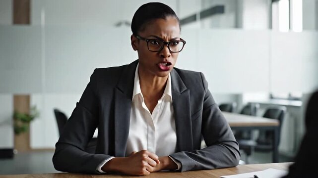 Conflict arises during a business meeting in an office setting with a woman expressing strong emotions at a table