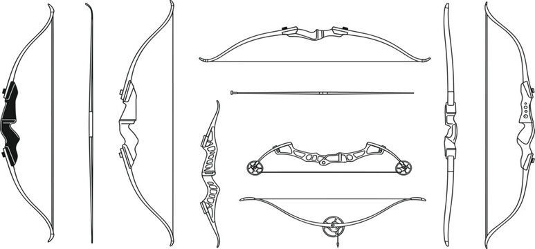 Archery Bow Equipment Collection with Recurve and Compound Bows Side Views Shooting Gear Outline Vector Illustration Set for Sports Design