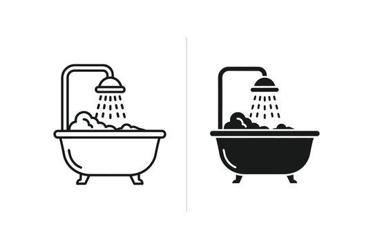 Bathtub with Shower Icon in Line and Solid Styles for Bathroom and Hygiene