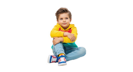 Cheerful Child Sitting. Isolated Photo-realistic Young Boy in Colorful Casual Wear