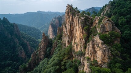 Obraz premium a photo of the majestic cliff wall at long dao park in shandong province, china. the picture captures the rugged beauty and natural grandeur of these cliffs 