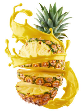 Pineapple with yellow liquid splash fruit juice isolated on a transparent background