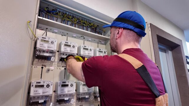 Electrician working on a modern electricity power meter station in a building.