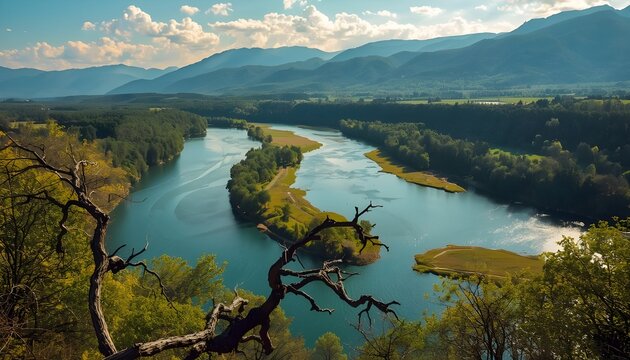 Serene meanders of the Uvac River in Serbia, surrounded by lush green forests and majestic mountains, with the river's tranquil water reflecting the vibrant hues of the sky and surrounding landscape, 