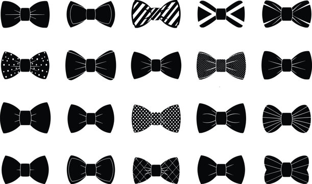 Collection of twenty stylized bow tie illustrations featuring solid, striped, polka dot, and geometric patterns for fashion and design themes