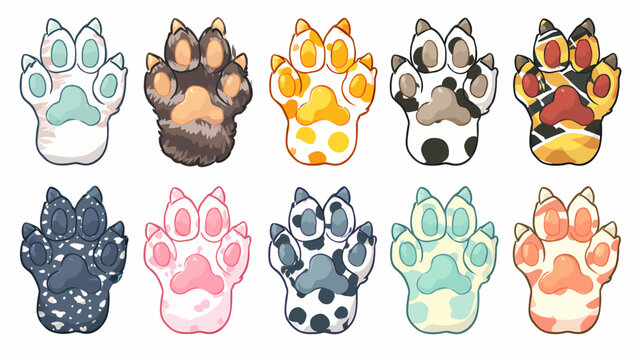 Collection of cute cartoon cat and animal paw prints in various colors and patterns displayed together