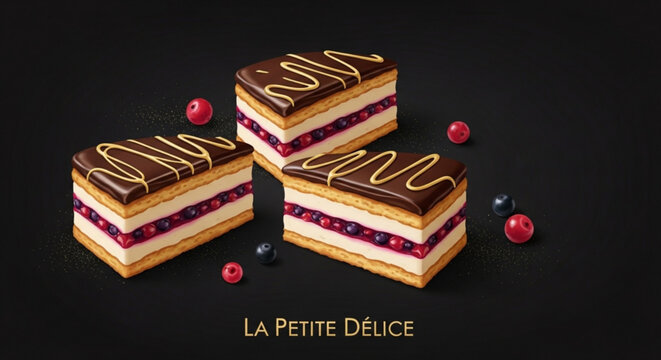 Three layered cakes with chocolate topping and berries on a black background with la petite delice text