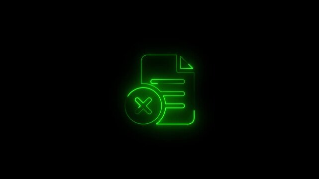 Neon green document delete on black background symbol sign