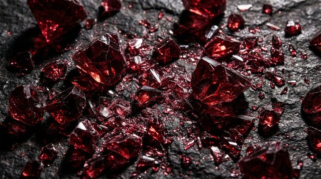 Sparkling Red Gemstone Shards on Black Rock