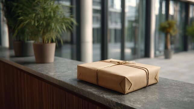 A neatly wrapped gift parcel tied with twine rests on a modern stone counter in an office reception area with potted plants and a blurred background