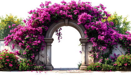 Stone archway covered in vibrant pink flowers, lush green foliage on either side