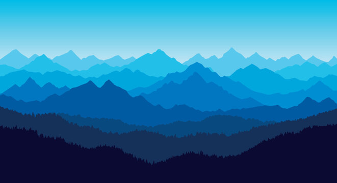 Layered monochrome blue mountain ranges fading into atmospheric perspective under smooth gradient sky vector landscape