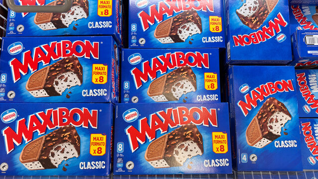 Nestl&eacute; Maxibon Classic ice cream boxes. Udine, Italy, February 23, 2026