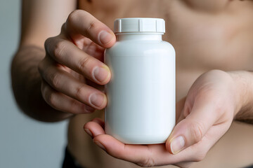 Man holding white pill bottle, plastic supplement container, medicine bottle, healthcare, pharmacy, vitamins, dietary supplements, drug packaging, medical mockup, wellness, health, blank label jar.